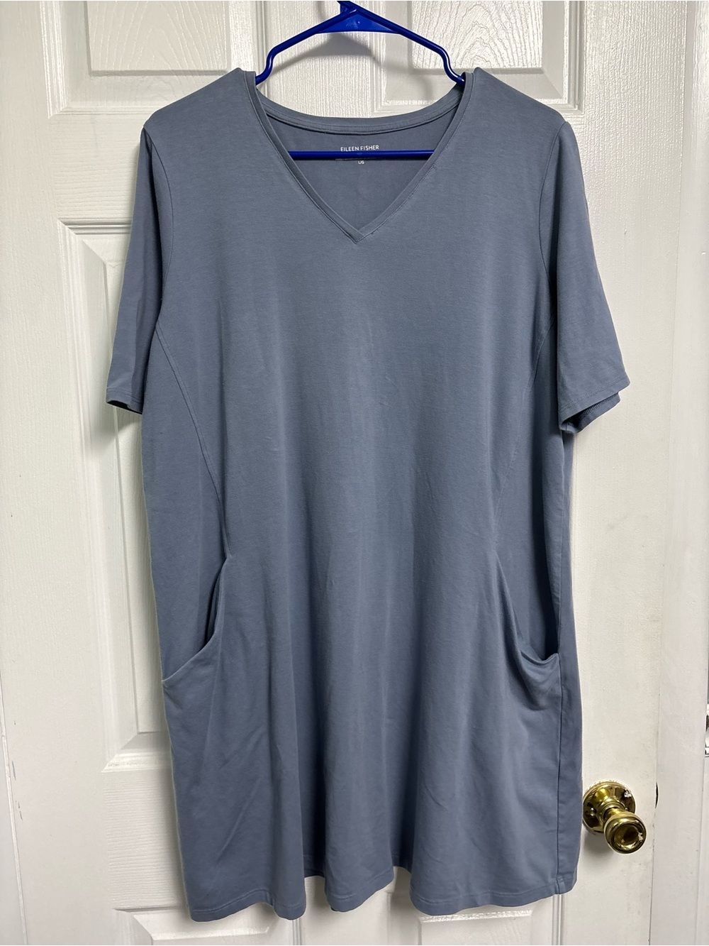 Eileen Fisher Cotton Spandex Jersey V-Neck Pocket Dress Slate Blue Size Large
